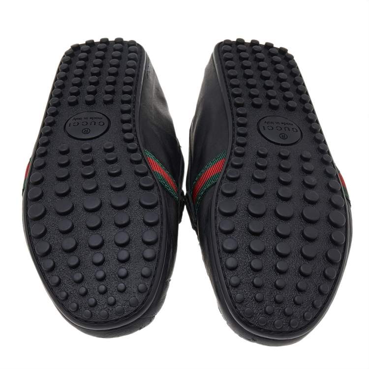 Pre Owned Gucci Black Leather Web Detail Slip on Loafers Size 43.5