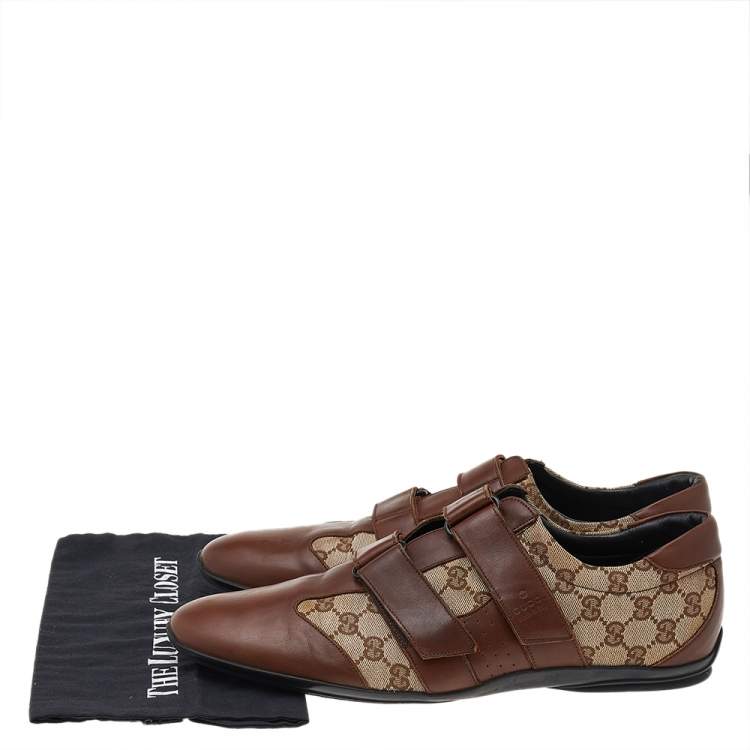 Pre Owned Gucci Brown/Beige Leather And GG Canvas Velcro Sneakers Size 48