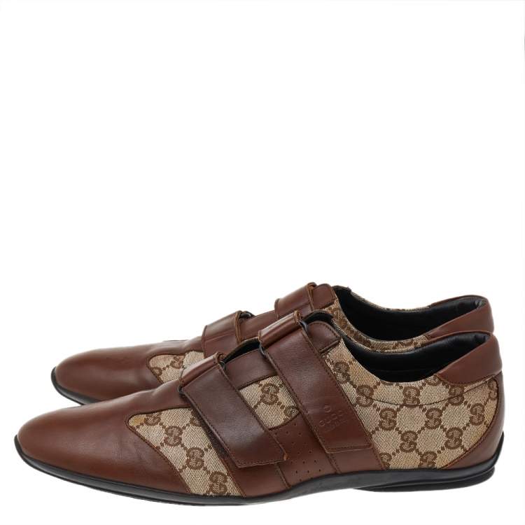 Pre Owned Gucci Brown/Beige Leather And GG Canvas Velcro Sneakers Size 48