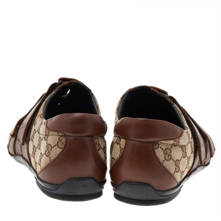 Pre Owned Gucci Brown/Beige Leather And GG Canvas Velcro Sneakers Size 48
