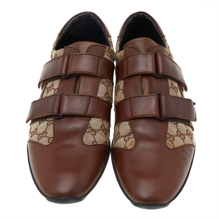 Pre Owned Gucci Brown/Beige Leather And GG Canvas Velcro Sneakers Size 48