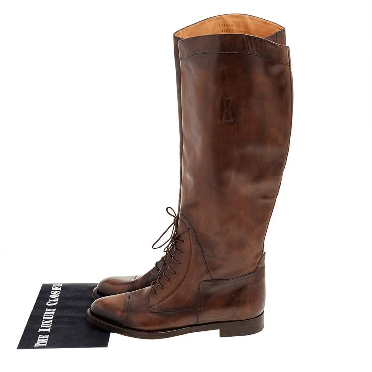 Pre Owned Gucci Dark Brown Leather Knee Length Boots Size 42