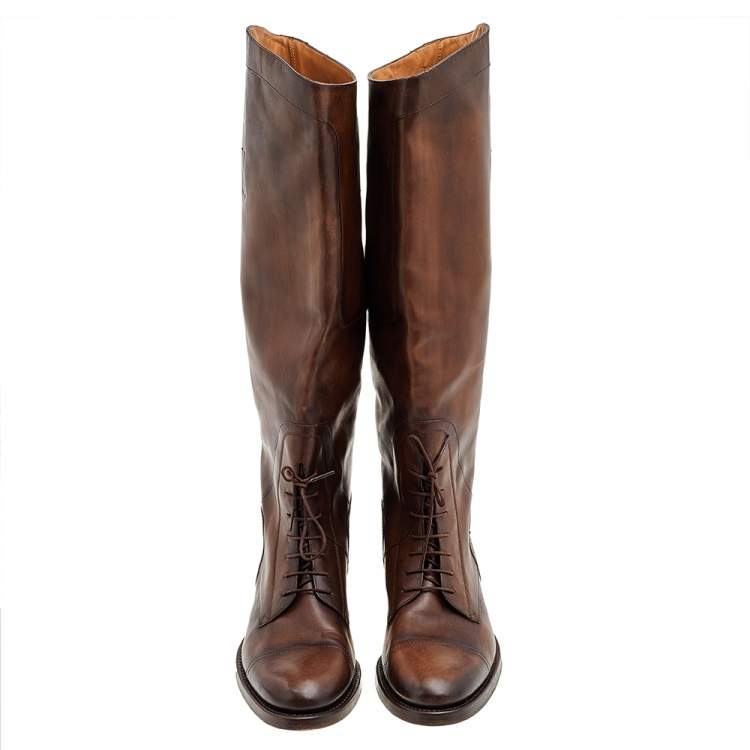 Pre Owned Gucci Dark Brown Leather Knee Length Boots Size 42