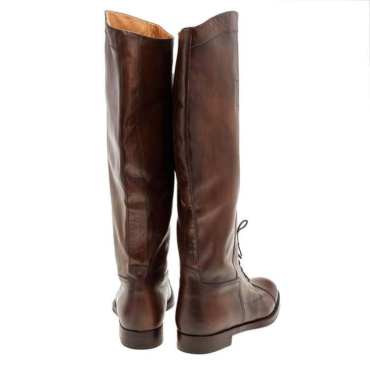 Pre Owned Gucci Dark Brown Leather Knee Length Boots Size 42