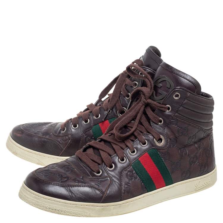 Pre Owned Gucci Brown Guccissima Leather Web Detail High Top Sneakers Size 42.5