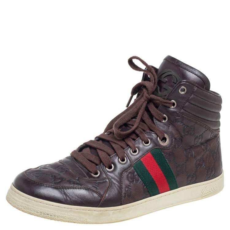 Pre Owned Gucci Brown Guccissima Leather Web Detail High Top Sneakers Size 42.5