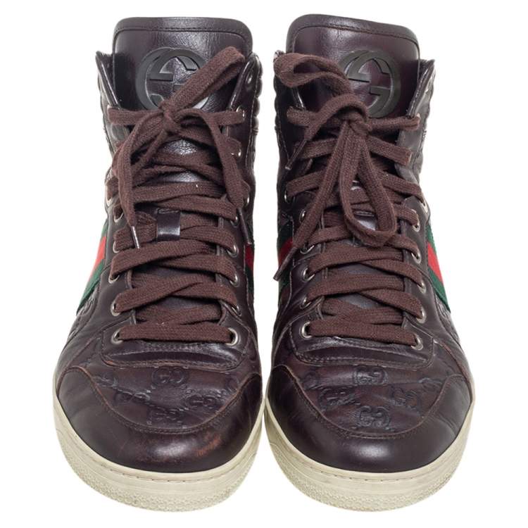Pre Owned Gucci Brown Guccissima Leather Web Detail High Top Sneakers Size 42.5