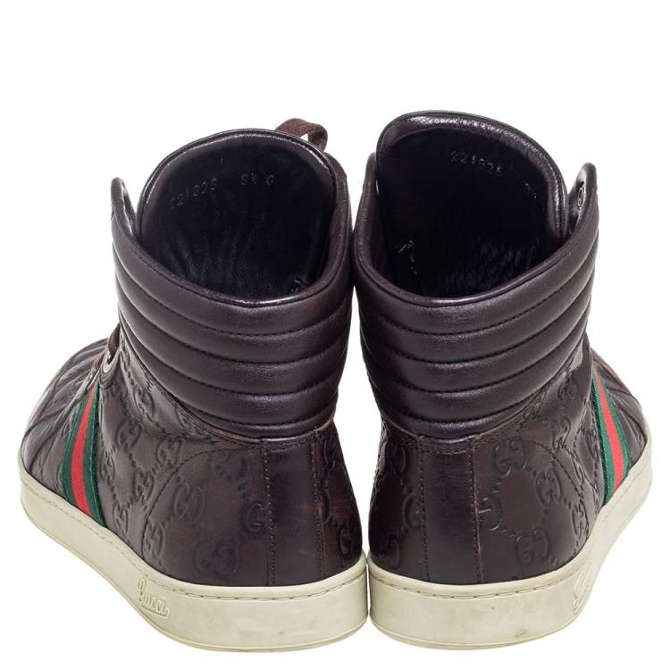 Pre Owned Gucci Brown Guccissima Leather Web Detail High Top Sneakers Size 42.5