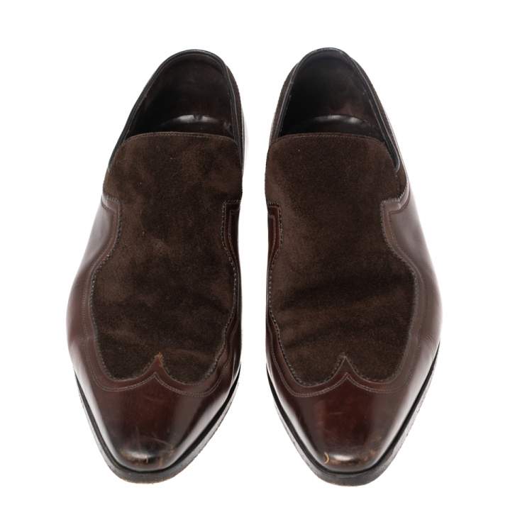 Pre Owned Gucci Brown Suede And Leather Slip On Wingtip Loafers Size 40.5