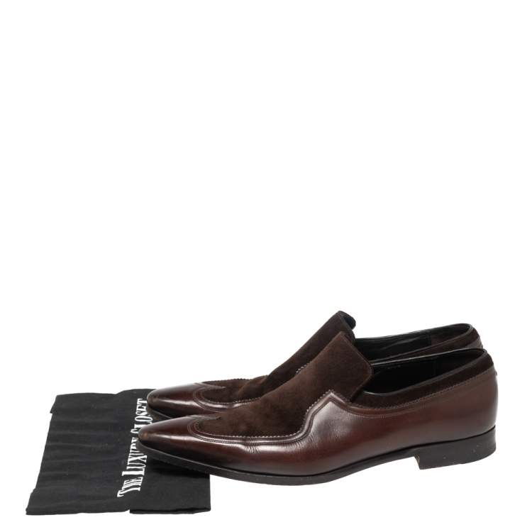 Pre Owned Gucci Brown Suede And Leather Slip On Wingtip Loafers Size 40.5
