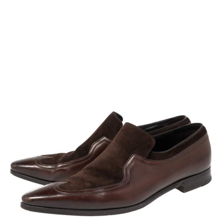 Pre Owned Gucci Brown Suede And Leather Slip On Wingtip Loafers Size 40.5
