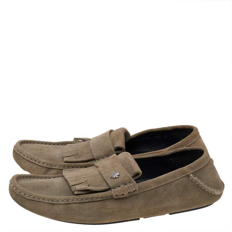 Pre Owned Gucci Grey Suede Fringe Slip On Loafers Size 43.1