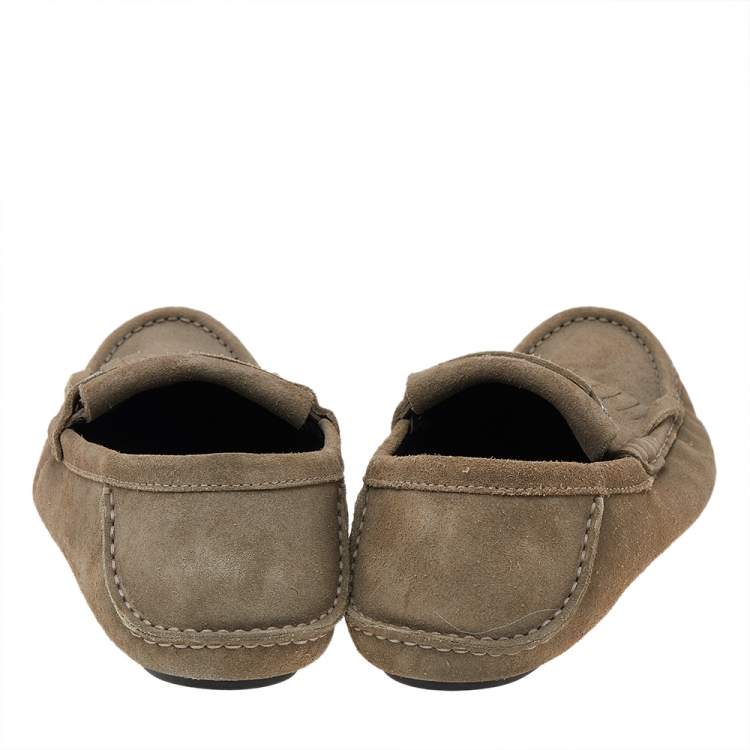 Pre Owned Gucci Grey Suede Fringe Slip On Loafers Size 43.1