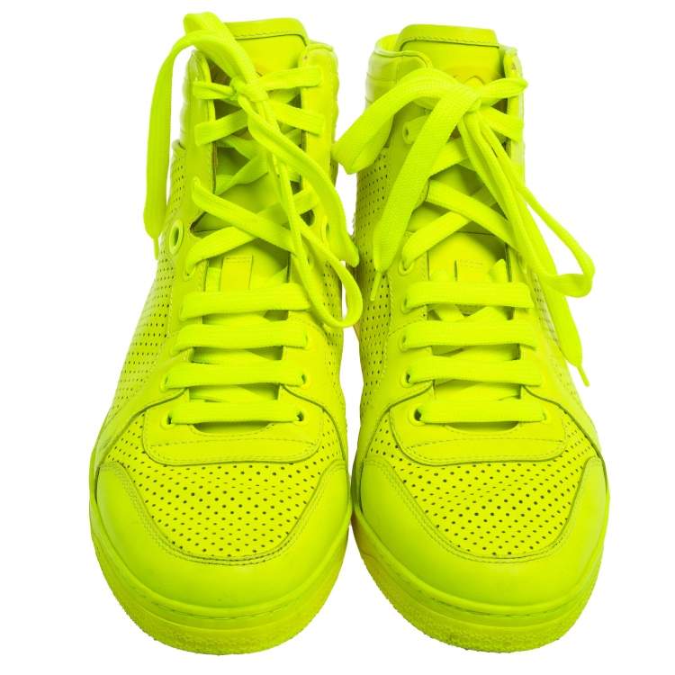 Pre Owned Gucci Neon Green Perforated Leather Lace Up High Top Sneakers Size 41