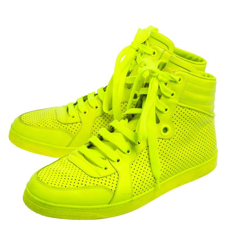 Pre Owned Gucci Neon Green Perforated Leather Lace Up High Top Sneakers Size 41