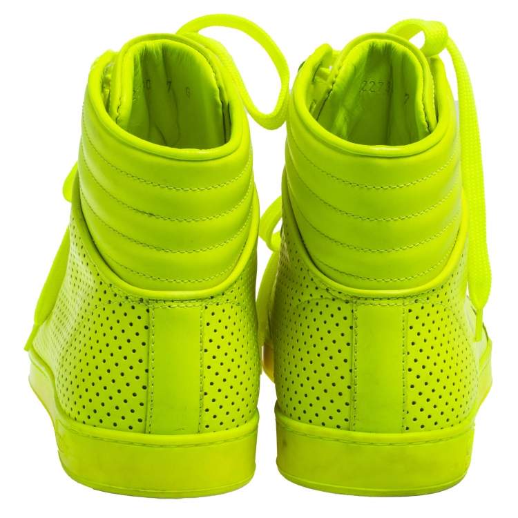 Pre Owned Gucci Neon Green Perforated Leather Lace Up High Top Sneakers Size 41