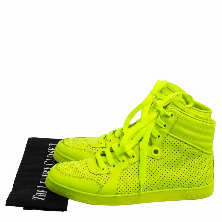 Pre Owned Gucci Neon Green Perforated Leather Lace Up High Top Sneakers Size 41
