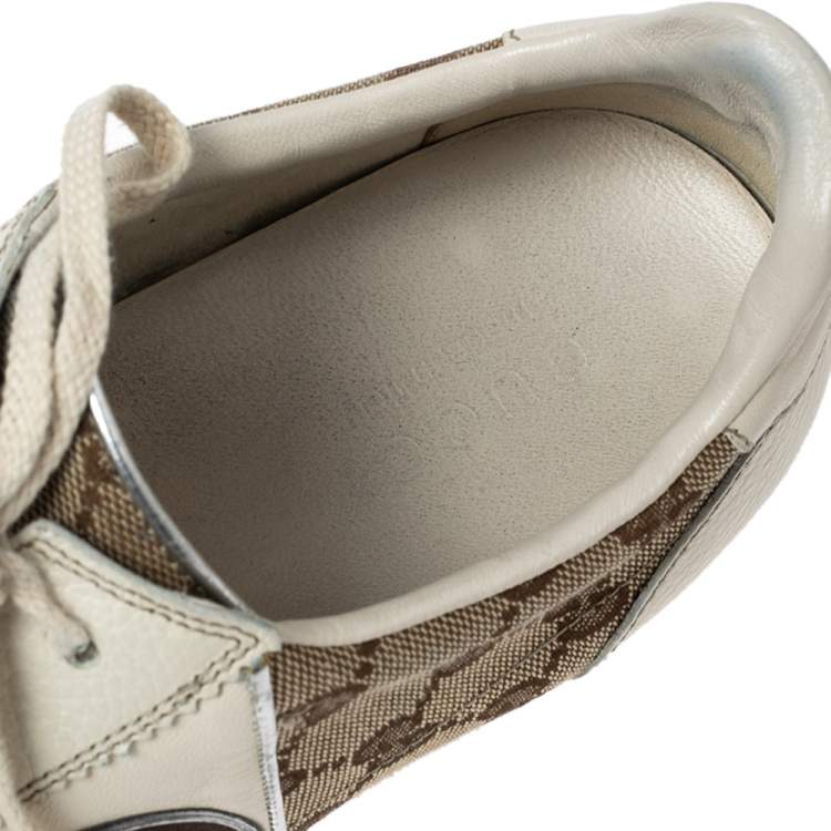 Pre Owned Gucci Cream GG Canvas and Leather Low Top Sneakers Size 43.5
