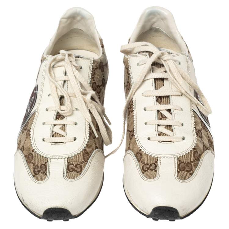 Pre Owned Gucci Cream GG Canvas and Leather Low Top Sneakers Size 43.5