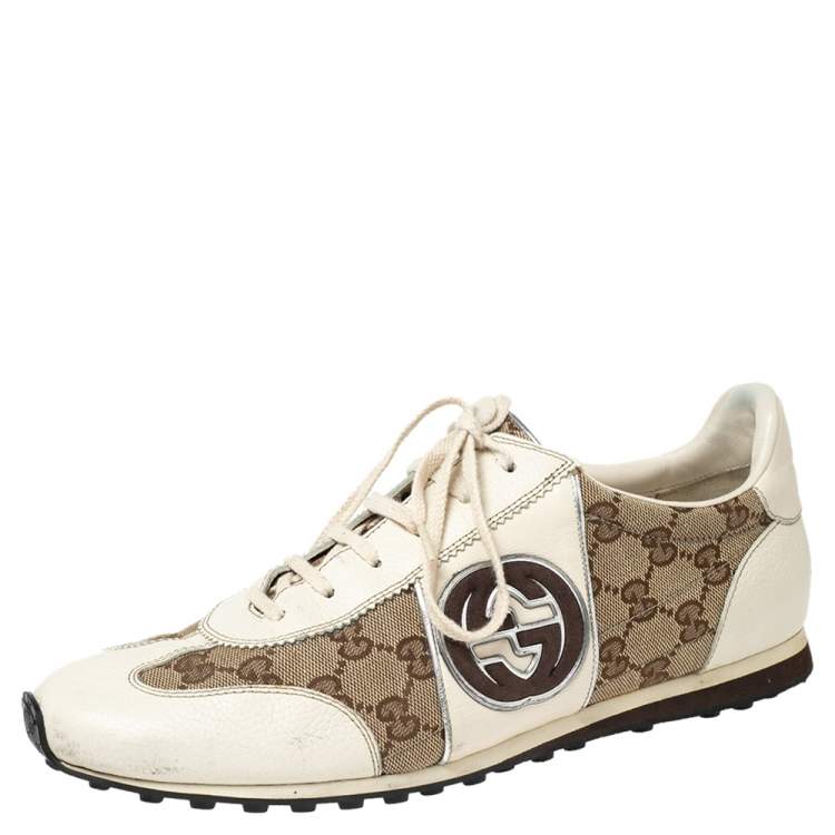 Pre Owned Gucci Cream GG Canvas and Leather Low Top Sneakers Size 43.5