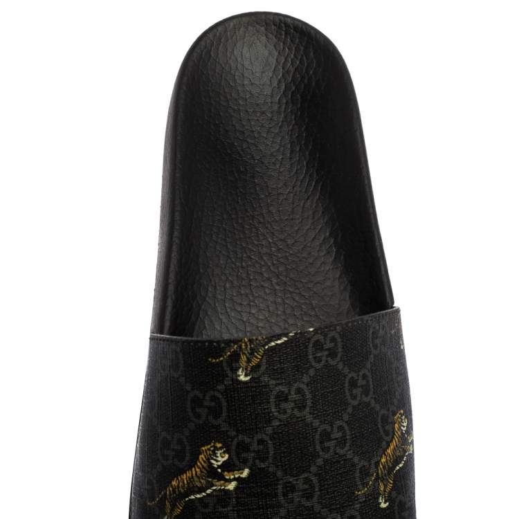 Pre Owned Gucci Dark Grey GG Supreme Canvas Tiger Print Sandals Size 44