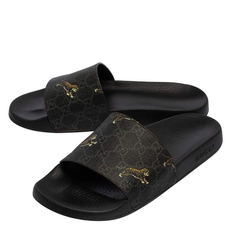 Pre Owned Gucci Dark Grey GG Supreme Canvas Tiger Print Sandals Size 44