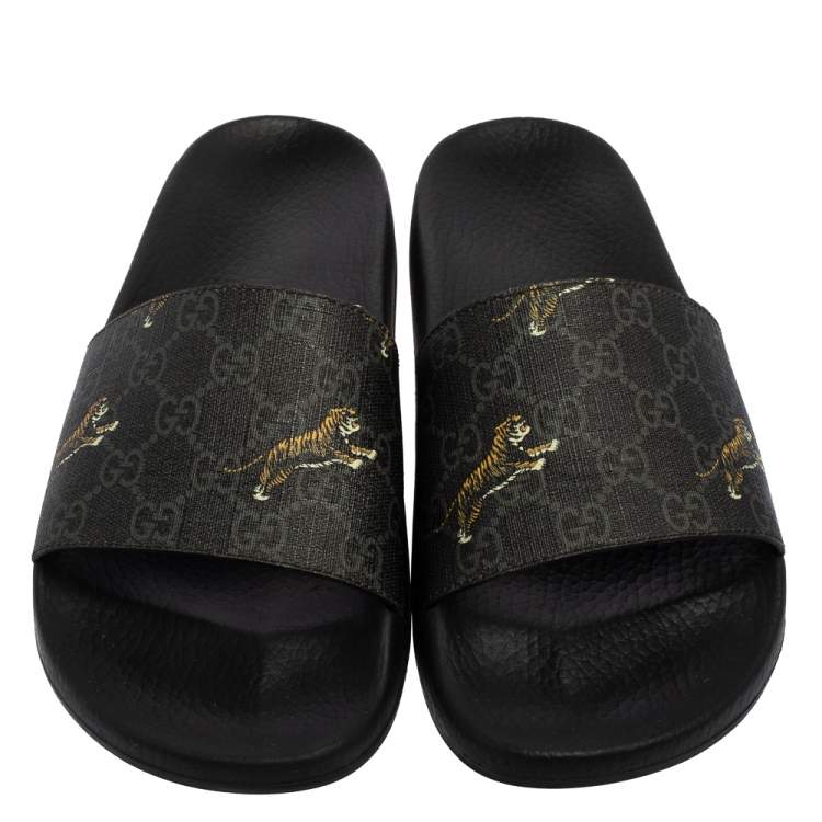 Pre Owned Gucci Dark Grey GG Supreme Canvas Tiger Print Sandals Size 44