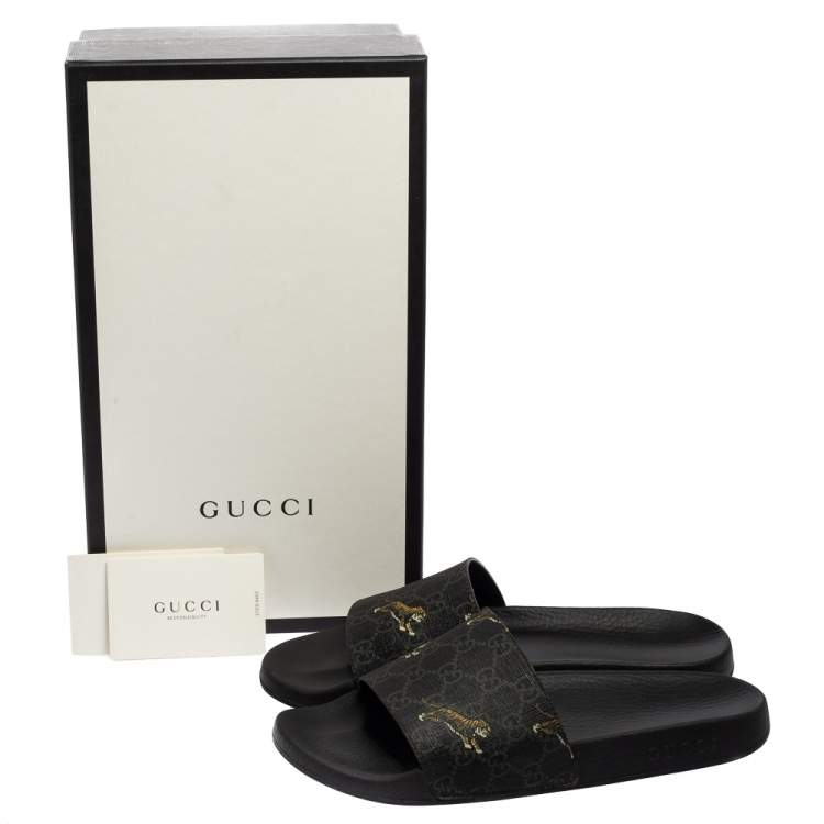 Pre Owned Gucci Dark Grey GG Supreme Canvas Tiger Print Sandals Size 44
