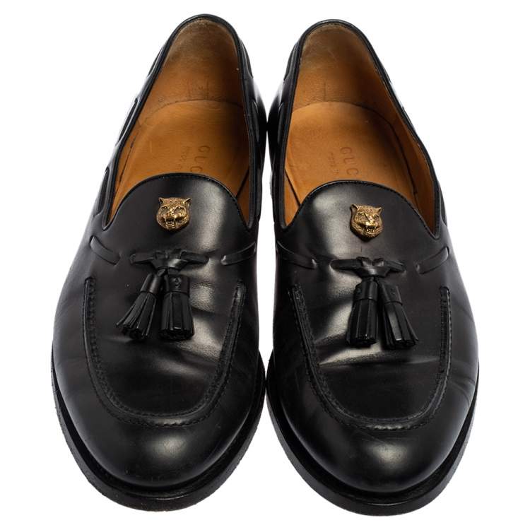 Pre Owned Gucci Black Leather Tassel Slip On Loafers Size 44
