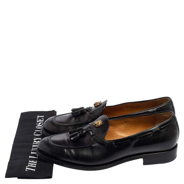 Pre Owned Gucci Black Leather Tassel Slip On Loafers Size 44
