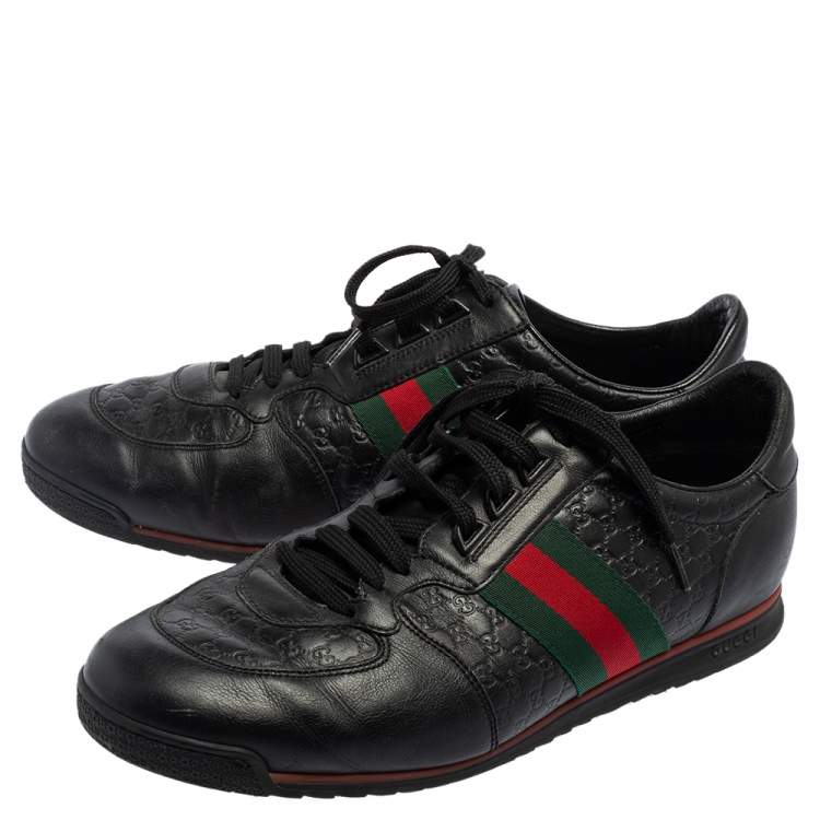 Pre Owned Gucci Black Guccissima Leather Web Low Top Sneakers Size 44.5