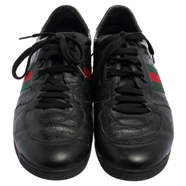 Pre Owned Gucci Black Guccissima Leather Web Low Top Sneakers Size 44.5