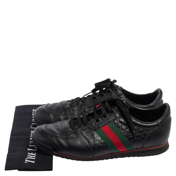 Pre Owned Gucci Black Guccissima Leather Web Low Top Sneakers Size 44.5