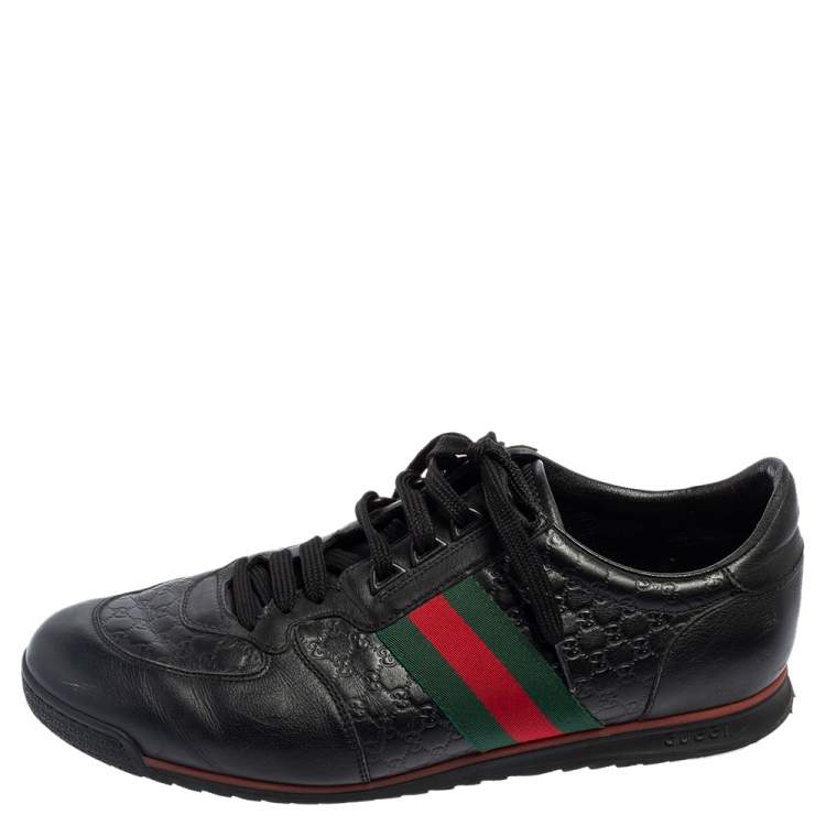 Pre Owned Gucci Black Guccissima Leather Web Low Top Sneakers Size 44.5