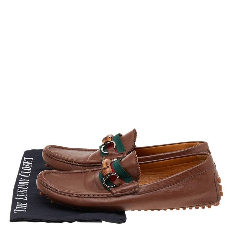 Pre Owned Gucci Brown Leather Bamboo Web Slip On Loafers Size 42.5