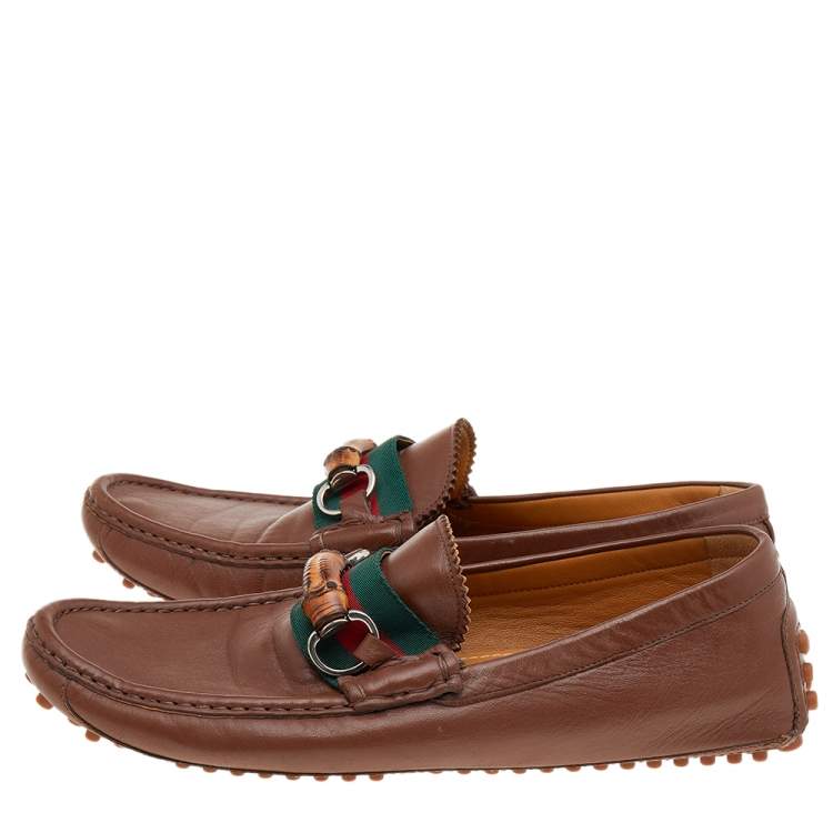 Pre Owned Gucci Brown Leather Bamboo Web Slip On Loafers Size 42.5