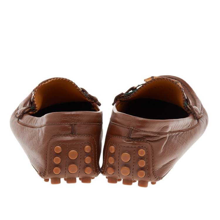 Pre Owned Gucci Brown Leather Bamboo Web Slip On Loafers Size 42.5