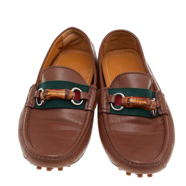 Pre Owned Gucci Brown Leather Bamboo Web Slip On Loafers Size 42.5