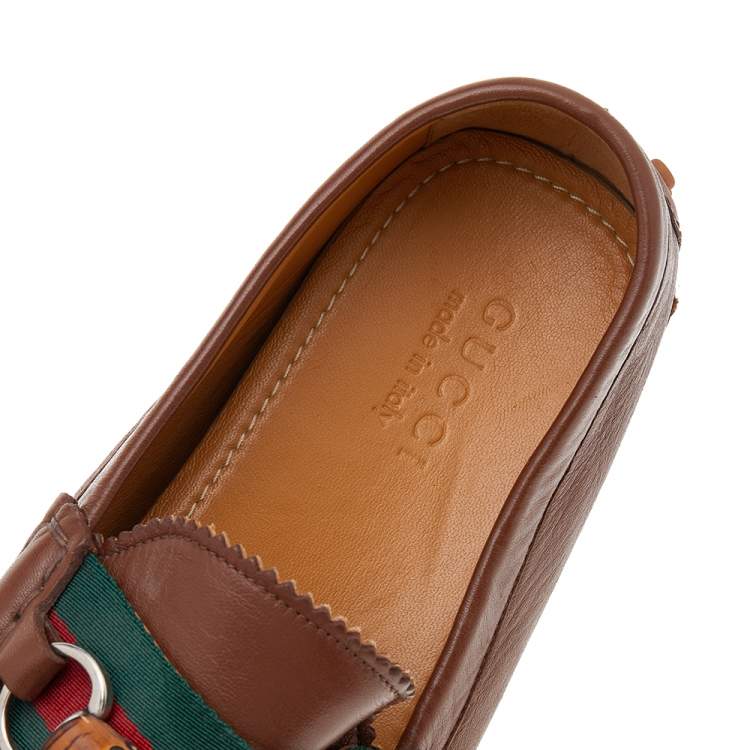 Pre Owned Gucci Brown Leather Bamboo Web Slip On Loafers Size 42.5