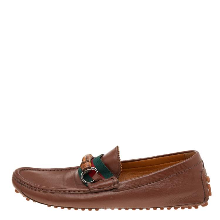 Pre Owned Gucci Brown Leather Bamboo Web Slip On Loafers Size 42.5