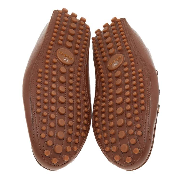 Pre Owned Gucci Brown Leather Bamboo Web Slip On Loafers Size 42.5