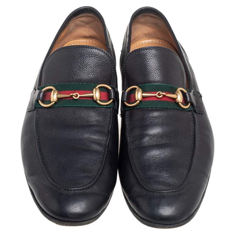 Pre Owned Gucci Black Leather Web Horsebit Loafers Size 44