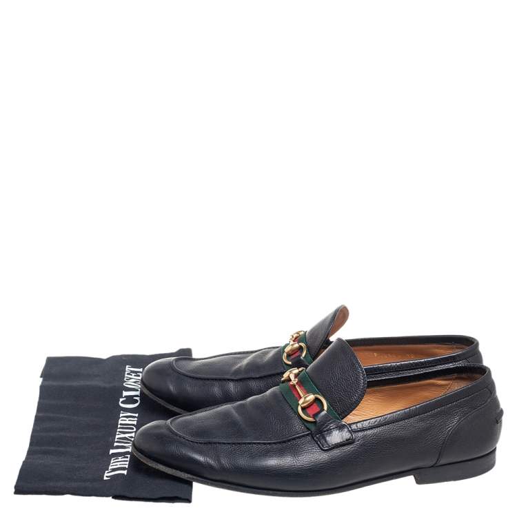 Pre Owned Gucci Black Leather Web Horsebit Loafers Size 44