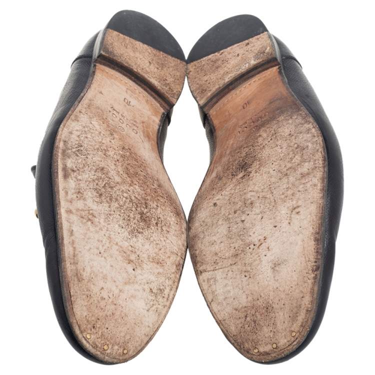 Pre Owned Gucci Black Leather Web Horsebit Loafers Size 44