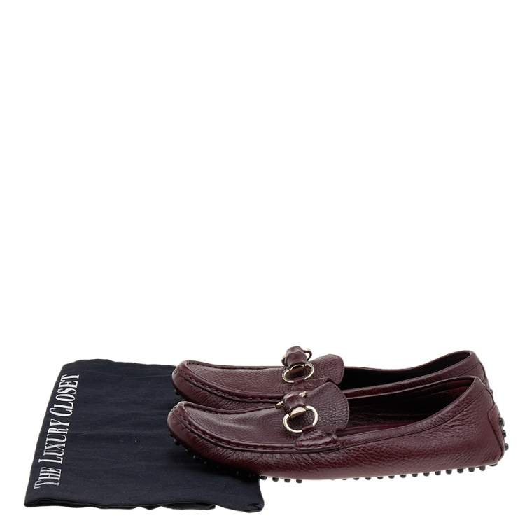 Pre Owned Gucci Burgundy Leather Bamboo Horsebit Slip On Loafers Size 38