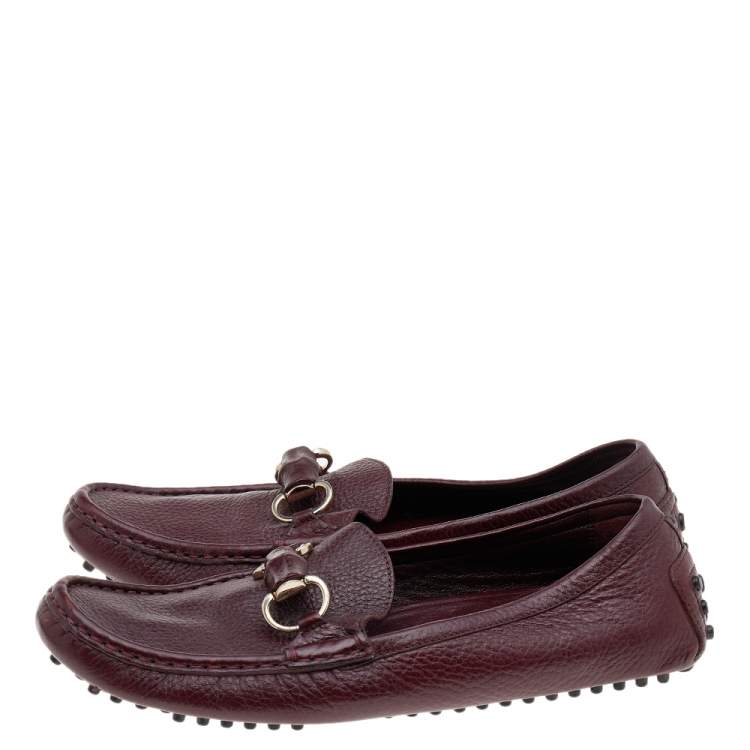 Pre Owned Gucci Burgundy Leather Bamboo Horsebit Slip On Loafers Size 38