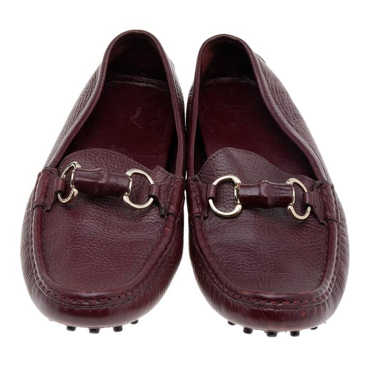 Pre Owned Gucci Burgundy Leather Bamboo Horsebit Slip On Loafers Size 38