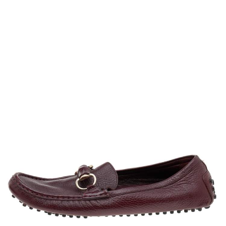 Pre Owned Gucci Burgundy Leather Bamboo Horsebit Slip On Loafers Size 38