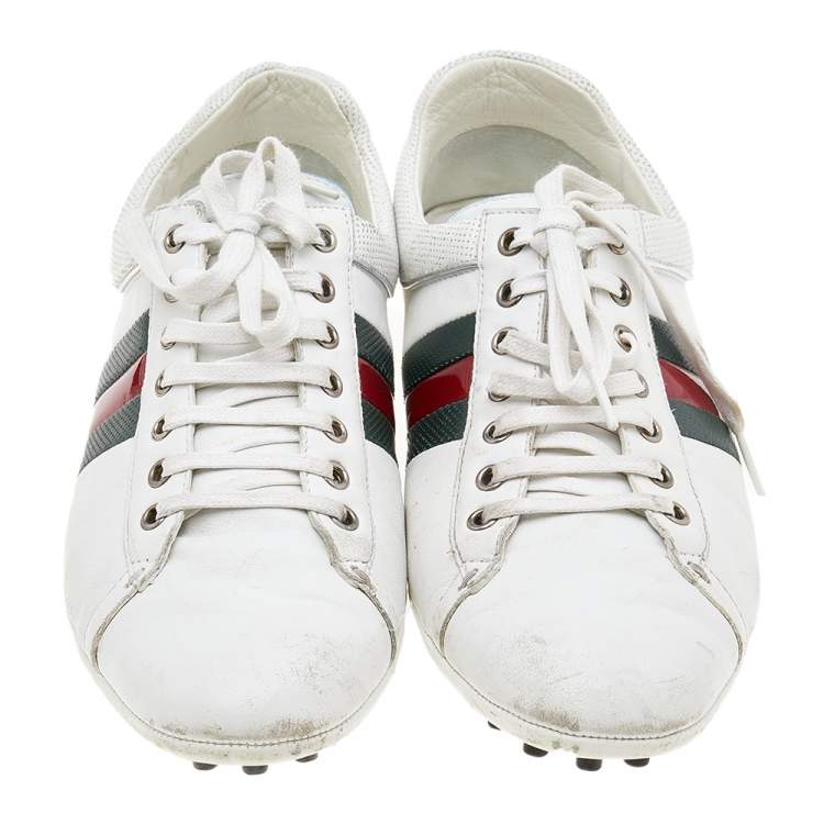 Pre Owned Gucci White Leather Web Detail Loafer Sneakers Size 42.5