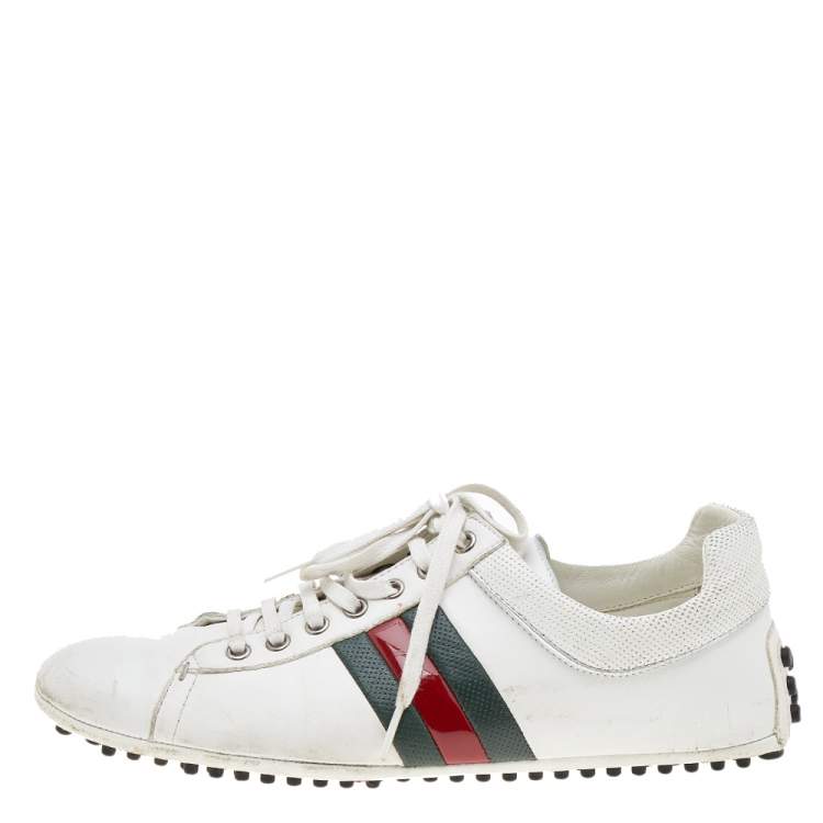 Pre Owned Gucci White Leather Web Detail Loafer Sneakers Size 42.5